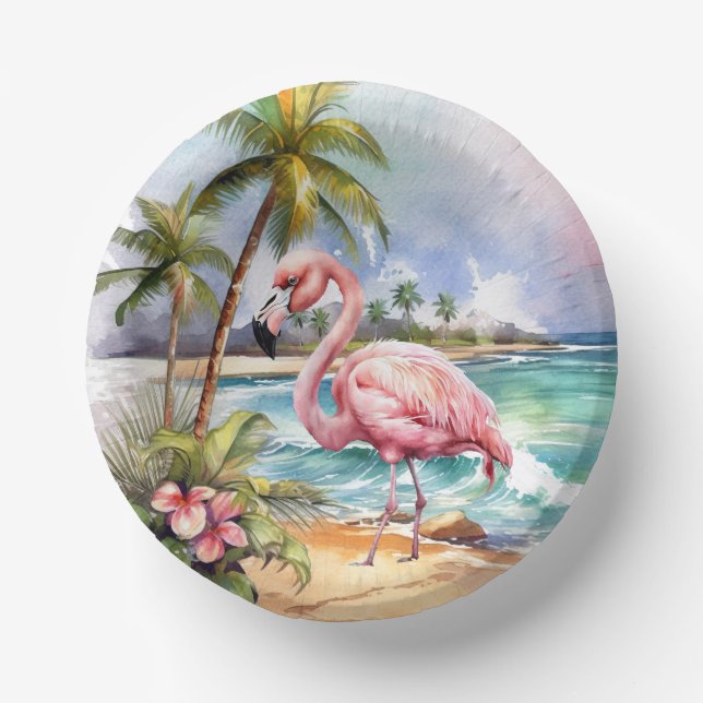 Cute beach pink flamingo party  paper plate (Front)
