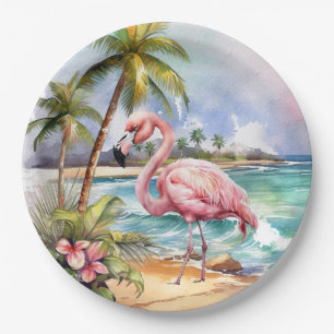 Cute beach pink flamingo party  paper plate