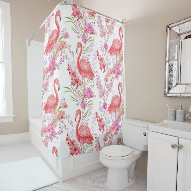 Cute beach pink flamingo shower curtain (In Situ)