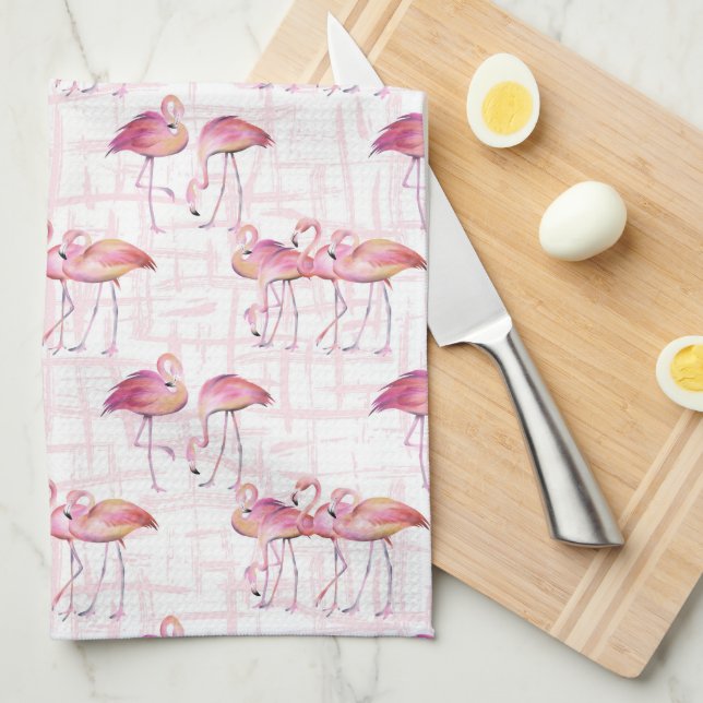 Cute beach pink flamingo tiled pattern tea towel (Quarter Fold)