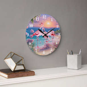 cute Beach pink flamingos  Large Clock