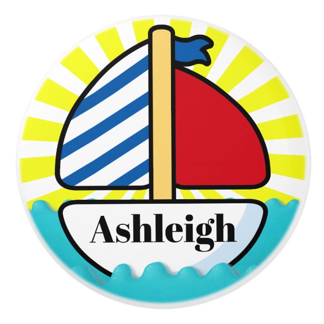 Cute Beach Sailboat Ceramic Knob (Front)