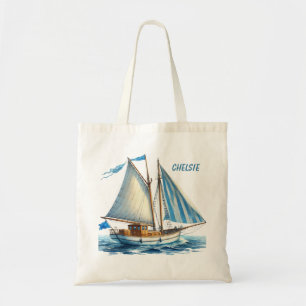 Cute beach sailboat lovers add name tote bag