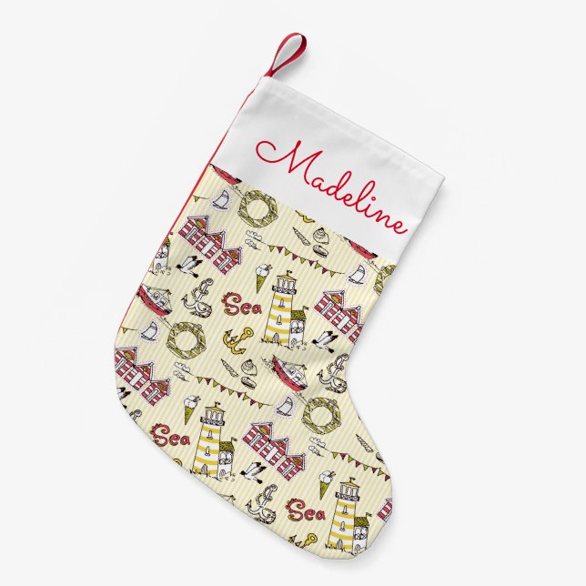 Cute Beach Scene Pattern | Add Your Name Small Christmas Stocking (Front (Hanging))
