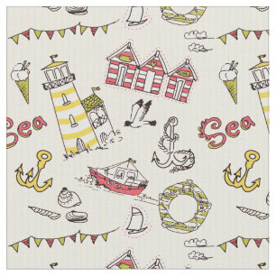 Cute Beach Scene Pattern Fabric