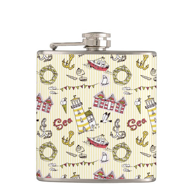 Cute Beach Scene Pattern Hip Flask (Front)