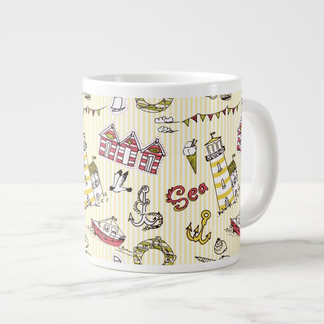 Cute Beach Scene Pattern Large Coffee Mug (Front Right)