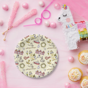 Cute Beach Scene Pattern Paper Plate
