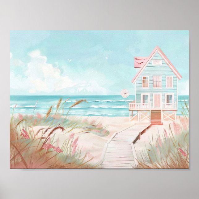 cute beach scenery illustration watercolor style poster (Front)