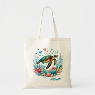 Cute beach sea turtle add name tote bag