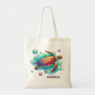 Cute beach sea turtle add name tote bag