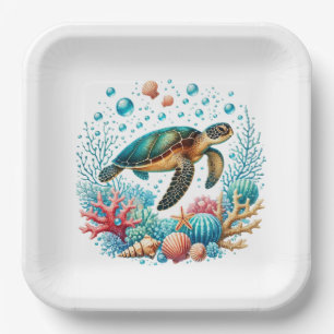 Cute beach sea turtle party paper plate