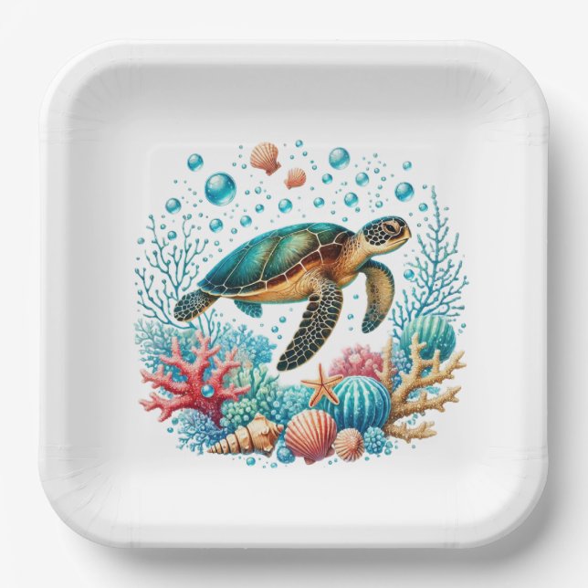 Cute beach sea turtle party paper plate (Front)