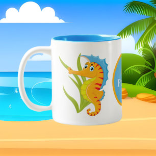 Cute beach seahorse add monogram Two-Tone coffee mug