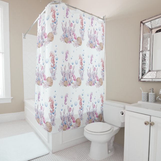 Cute Beach seahorse and bubbles shower curtain (In Situ)