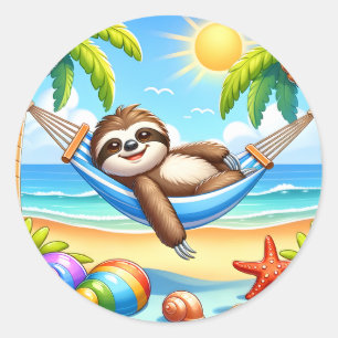 Cute beach sloth lovers  classic round sticker