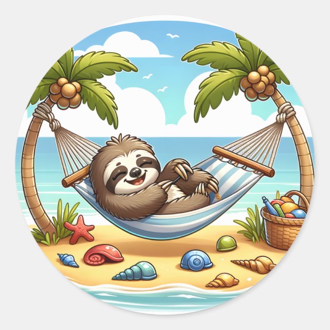 Cute beach sloth lovers classic round sticker (Front)
