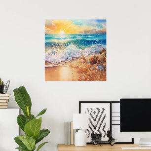 Cute beach sunrise lovers poster
