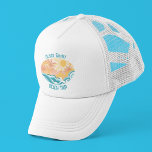Cute Beach Trip Ocean Waves Surfer Trucker Hat<br><div class="desc">Cute vintage style surfing hat featuring beautiful teal ocean waves and a bright sun with palm trees in the summer. The cool grunge surfer cap is complimented with distressed teal blue custom text for your family vacation or beach trip.</div>