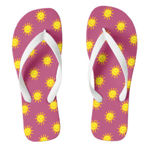 Cute Beach Vacation Happy Face Sun Pink Yellow Flip Flops