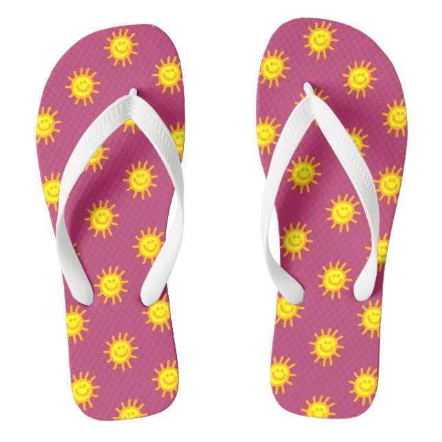 Cute Beach Vacation Happy Face Sun Pink Yellow Flip Flops (Footbed)