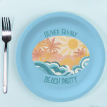 Cute Beach Waves Sunshine Blue Surfer Party Paper Plate<br><div class="desc">Cute vintage style surfing party paper plate featuring beautiful teal ocean waves and a bright sun with palm trees in the summer. The cool grunge surf design is complimented with distressed teal blue custom text for your family vacation or beach trip.</div>