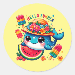 Cute beach whale hello Summer Classic Round Sticker