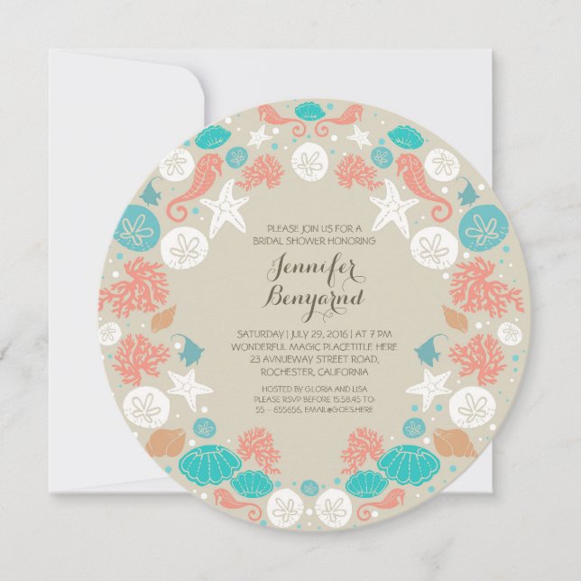 Cute beach wreath bridal shower invitations (Front)