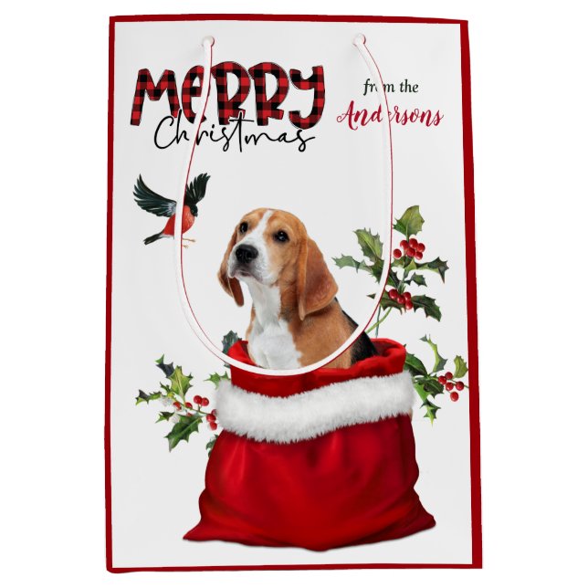 Cute Beagle Dog Christmas Bird Medium Gift Bag (Front)