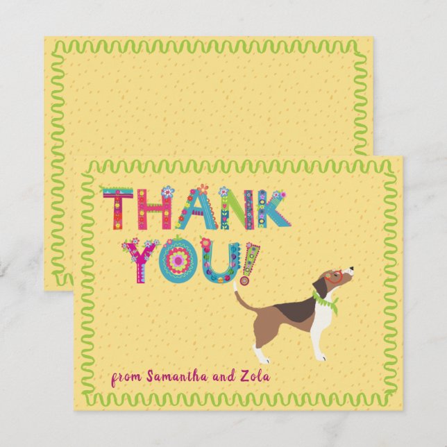 Cute Beagle Dog Colourful Floral Letters Thank You Card (Front/Back)