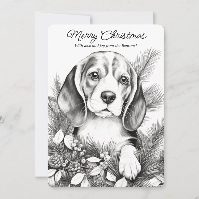 Cute Beagle Dog Enjoying Christmas Colouring Holiday Card (Front)