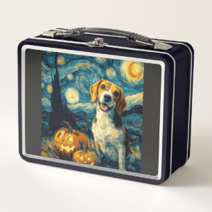 Cute beagle Dog Halloween Jack O Lantern Pumpkin F Metal Lunch Box