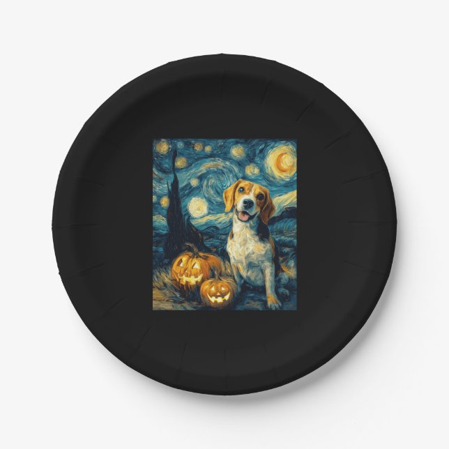 Cute beagle Dog Halloween Jack O Lantern Pumpkin F Paper Plate (Front)