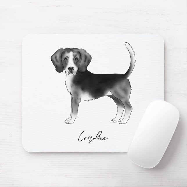Cute Beagle Dog In Black And White And Custom Name Mouse Mat (With Mouse)