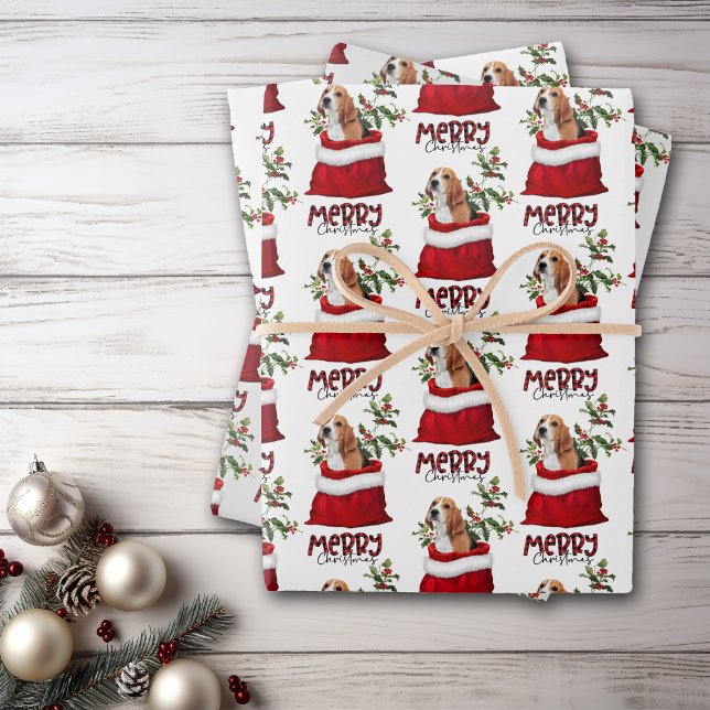Cute Beagle Dog in Holiday Gift Bag Wrapping Paper Sheet (Creator Uploaded)