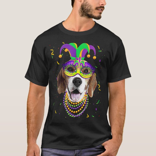 Cute Beagle Dog Mardi Gras Festival Mask Beads T-Shirt (Front)