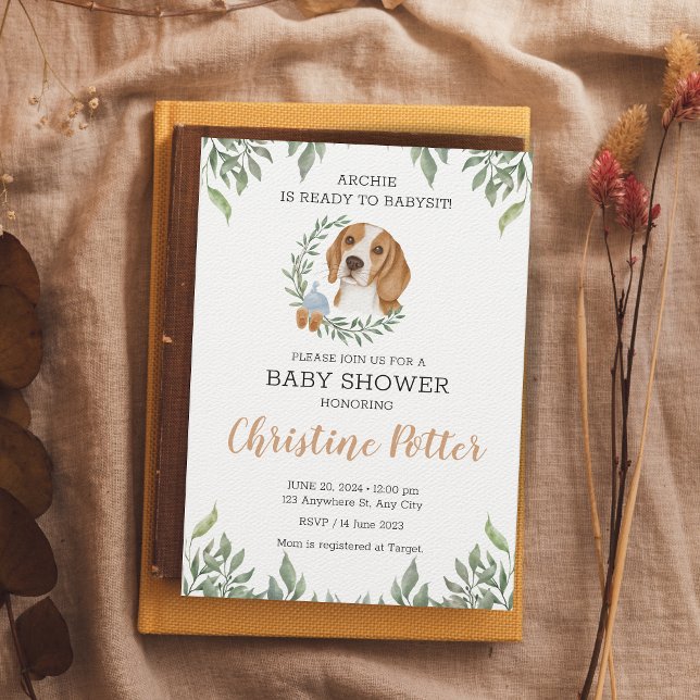 Cute Beagle Dog Puppy Greenery Boho Baby Shower Invitation (Creator Uploaded)