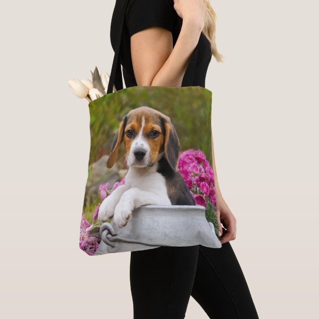 Cute Beagle Dog Puppy in Milk Churn Photo  Shopper Tote Bag (Close Up)