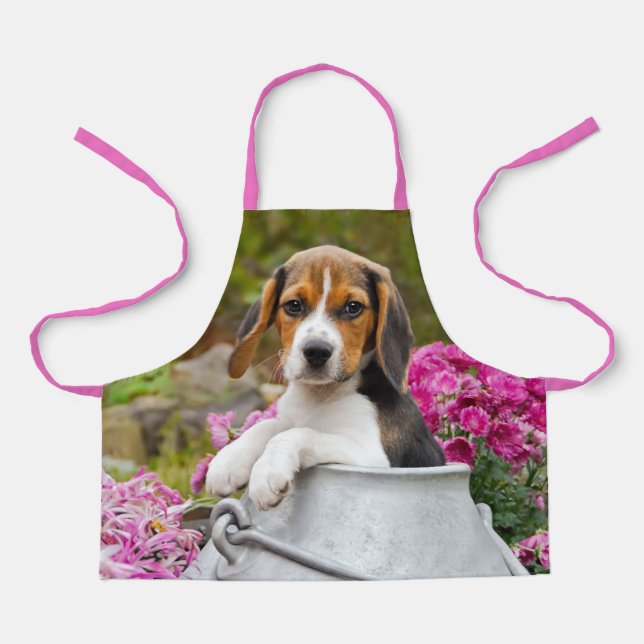 Cute Beagle Dog Puppy in Milk Churn with Flowers - Apron (Front)