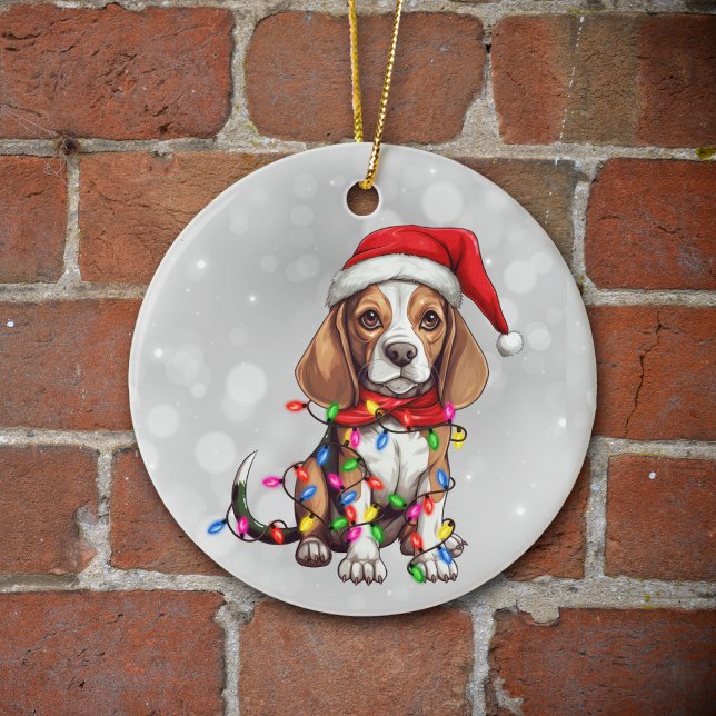 Cute Beagle Dog Wrapped in Christmas Lights Ceramic Tree Decoration (Creator Uploaded)