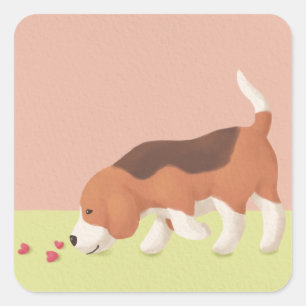 Cute Beagle & Hearts Illustration Square Sticker