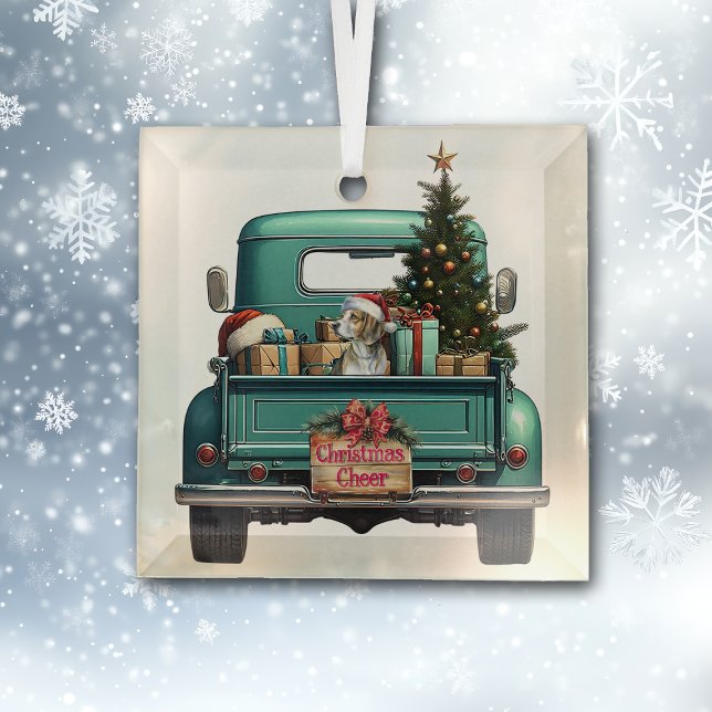 Cute Beagle Hound Dog Retro Truck Christmas Glass Tree Decoration (Creator Uploaded)