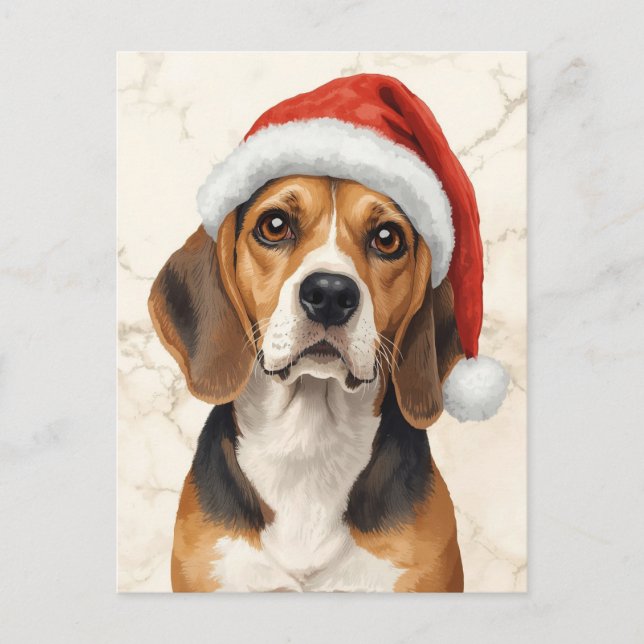 Cute Beagle in Santa Hat Watercolor Holiday Postcard (Front)