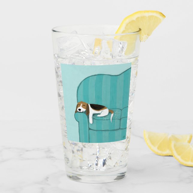 Cute Beagle on Couch | Happy Sleeping Sofa Dog Glass (Back Ice)