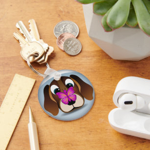 Cute Beagle Puppy Dog and Butterfly Round Keychain