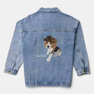 CUTE BEAGLE PUPPY DOG IN BROWN COWBOY HAT NAME DENIM JACKET