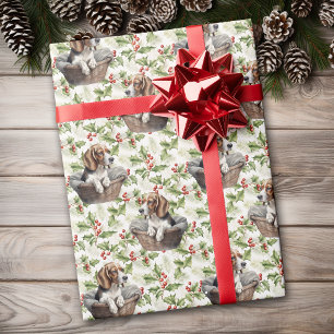 Cute Beagle Puppy in Basket Christmas Holly Wrapping Paper