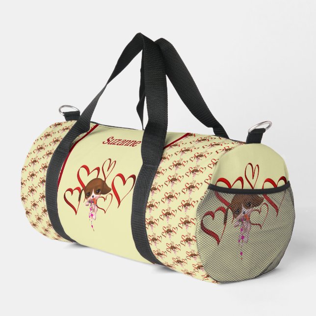 Cute Beagle Puppy Red Hearts Personalised Duffle Bag (Right Corner)
