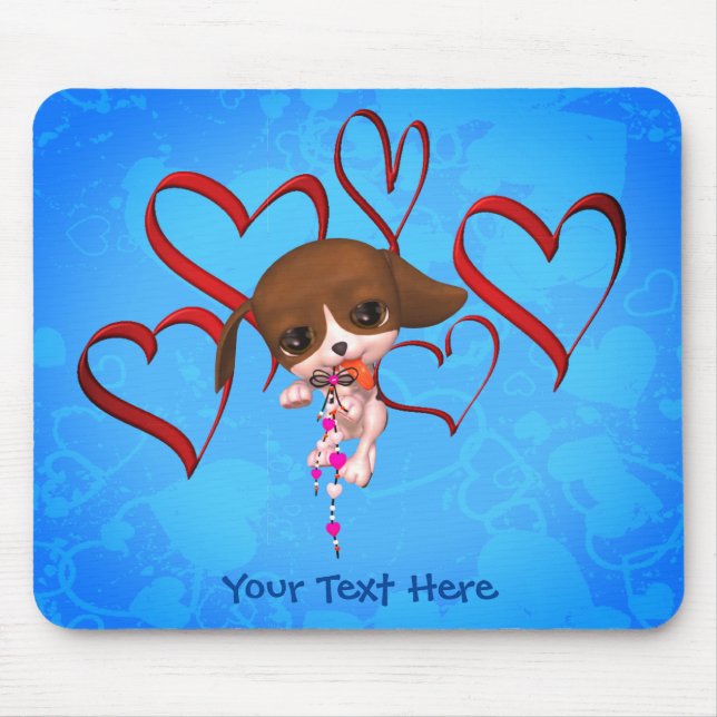 Cute Beagle Puppy Red Hearts Personalised Mouse Mat (Front)