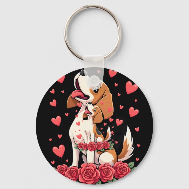 Cute Beagle with Red Roses Hearts Floral Valentine Key Ring (Front)